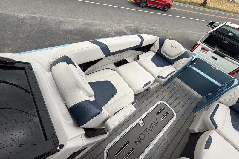 Slide: The Image of Luxurious 2026 Avalon 2585 Excalibur boat interior with quad loungers and modern design. - 19