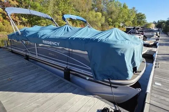 The Image of 2017 Regency 254 DL3 pontoon boat covered at dock, surrounded by trees. - 1