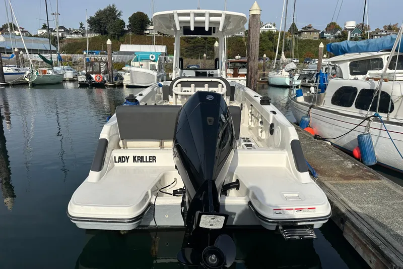 Slide: The Image of 2023 Bayliner Trophy T24CC boat docked in a marina, rear view. - 13