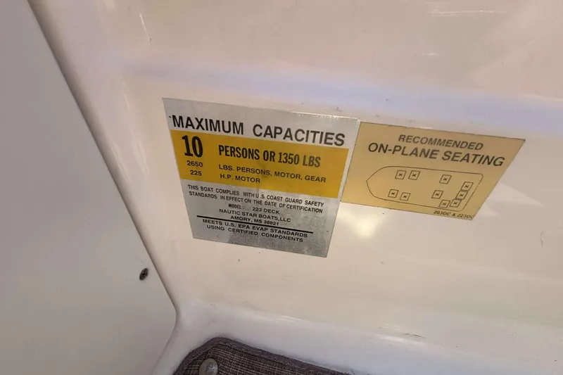 Slide: The Image of 2020 NauticStar 223 DC capacity label, 10 persons or 1350 lbs, safety compliance. - 23