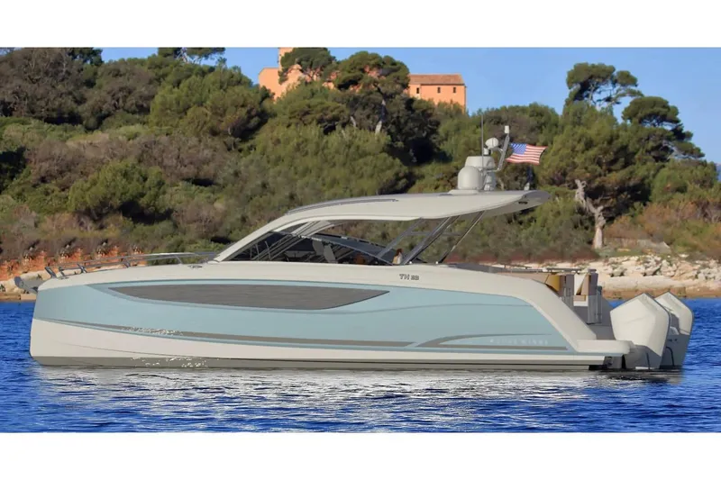 Slide: The Image of Manufacturer Provided Image: 2026 Four Winns TH38 luxury yacht on serene water, with lush greenery in the background. - 2
