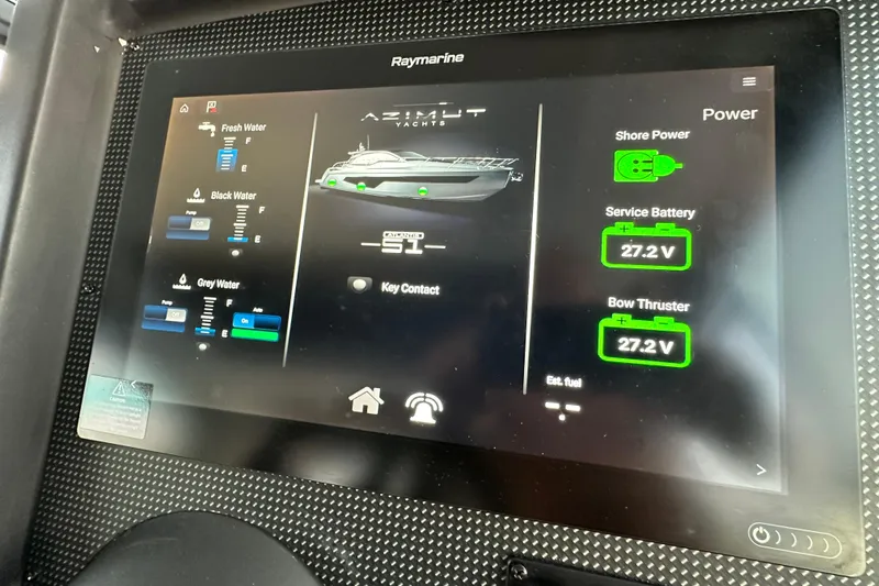 Slide: The Image of Touchscreen display of a 2019 Azimut Atlantis 51 yacht showing water levels and battery status. - 29