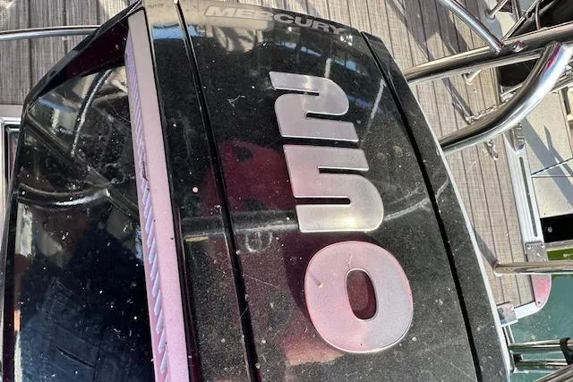 Slide: The Image of Mercury 250 engine on 2021 Harris Solstice 230 boat, close-up view. - 9