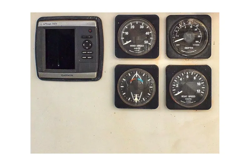 Slide: The Image of 1981 Valiant Cutter navigation instruments: GPS, wind speed, depth, and boat speed gauges. - 29