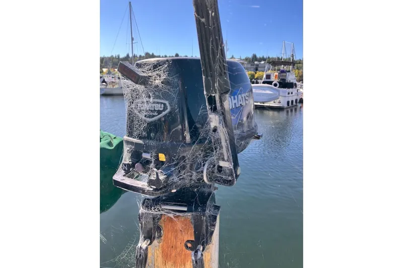 Slide: The Image of Outboard motor covered in cobwebs at a marina, with boats in the background. - 36