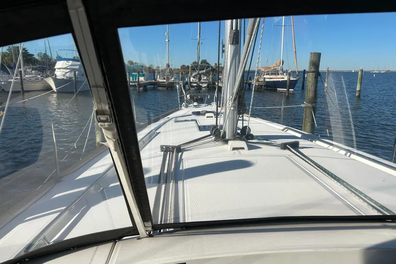 Slide: The Image of Beneteau Oceanis 41 sailboat docked at marina, view from cockpit, 2014 model. - 33