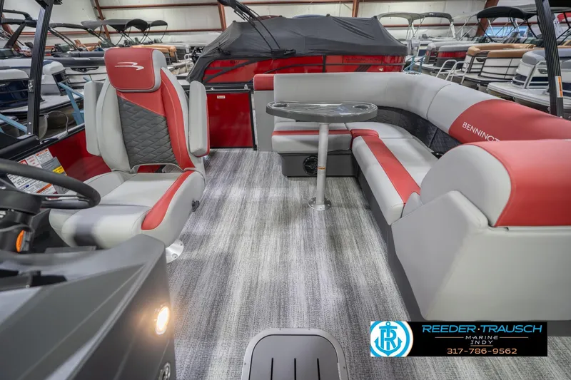 Slide: The Image of Interior of 2026 Bennington 22 SLJ pontoon boat with red and gray seating. - 17