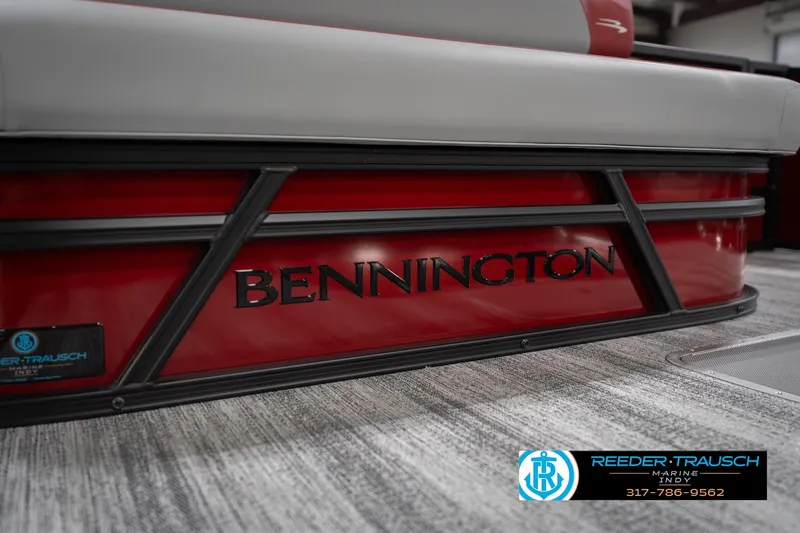 Slide: The Image of 2026 Bennington 22 SLJ pontoon boat, red exterior, Reeder-Trausch Marine branding. - 50