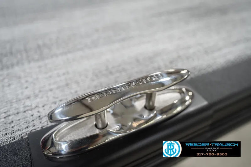 Slide: The Image of Chrome cleat on 2026 Bennington 22 SLJ boat, Reeder Trausch Marine logo visible. - 61