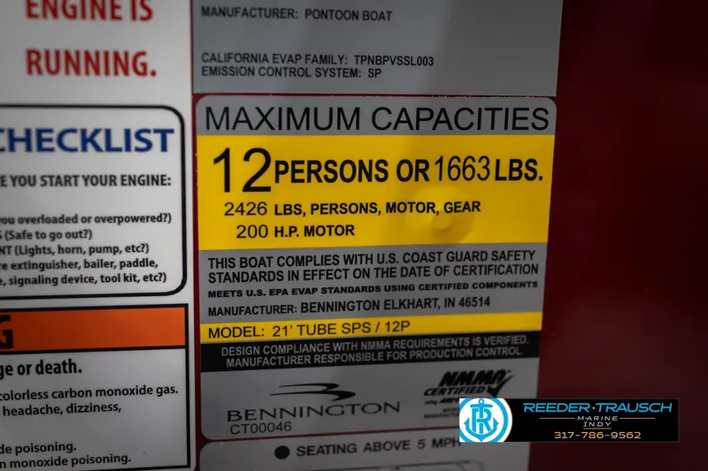 Slide: The Image of 2026 Bennington 22 SLJ boat capacity label, 12 persons or 1663 lbs, 200 HP motor. - 62