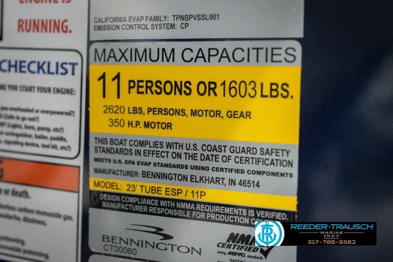 Slide: The Image of Maximum capacity label on 2026 Bennington 24 MCSB boat, 11 persons or 1603 lbs. - 69