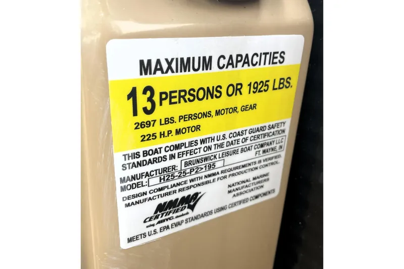 Slide: The Image of 2019 Harris Sunliner 250 capacity label: 13 persons or 1925 lbs, 225 HP motor. - 37