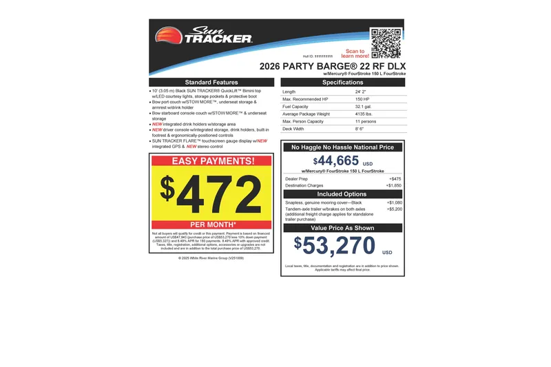 Slide: The Image of 2026 Sun Tracker Party Barge 22 RF DLX specifications and pricing details. - 21
