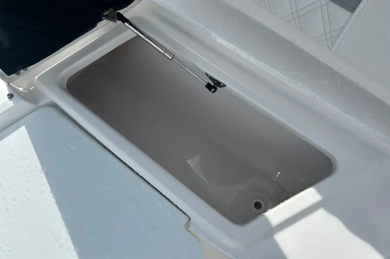 Slide: The Image of Open storage compartment on 2026 Sea Fox 268 Commander boat, featuring a hydraulic lift. - 13