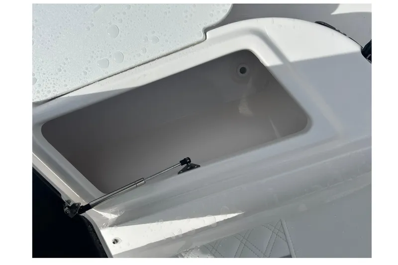 Slide: The Image of Open storage compartment on 2026 Sea Fox 268 Commander boat, featuring a hydraulic lift. - 14
