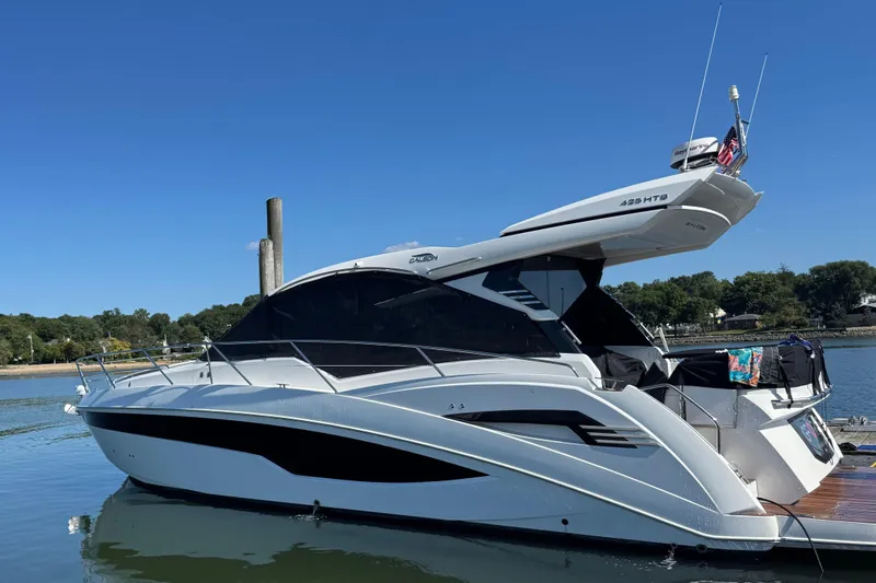 The Image of 2024 Galeon 425 HTS yacht docked on a sunny day, showcasing sleek design. - 0