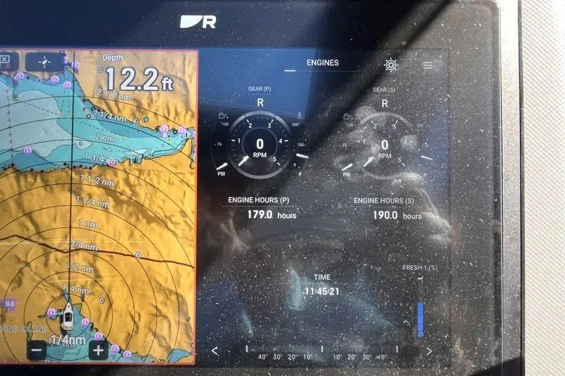 Slide: The Image of Display screen of 2024 Galeon 425 HTS showing depth, engine hours, and navigation data. - 17
