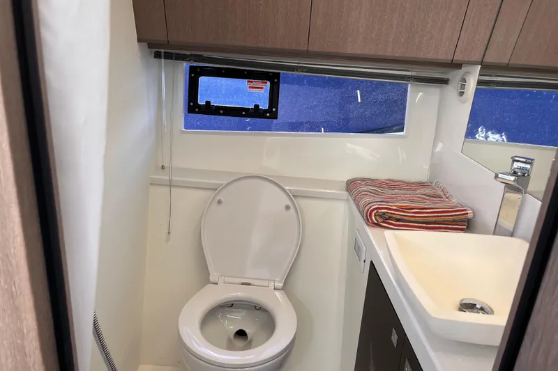 Slide: The Image of Bathroom interior of 2024 Galeon 425 HTS yacht with toilet and sink. - 24