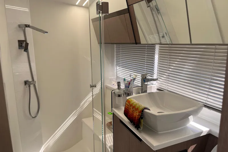Slide: The Image of Modern bathroom in 2024 Galeon 425 HTS yacht with sleek fixtures and stylish design. - 27