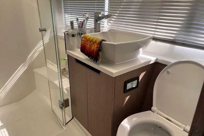 Slide: The Image of Modern bathroom in 2024 Galeon 425 HTS yacht with sleek fixtures and stylish design. - 30