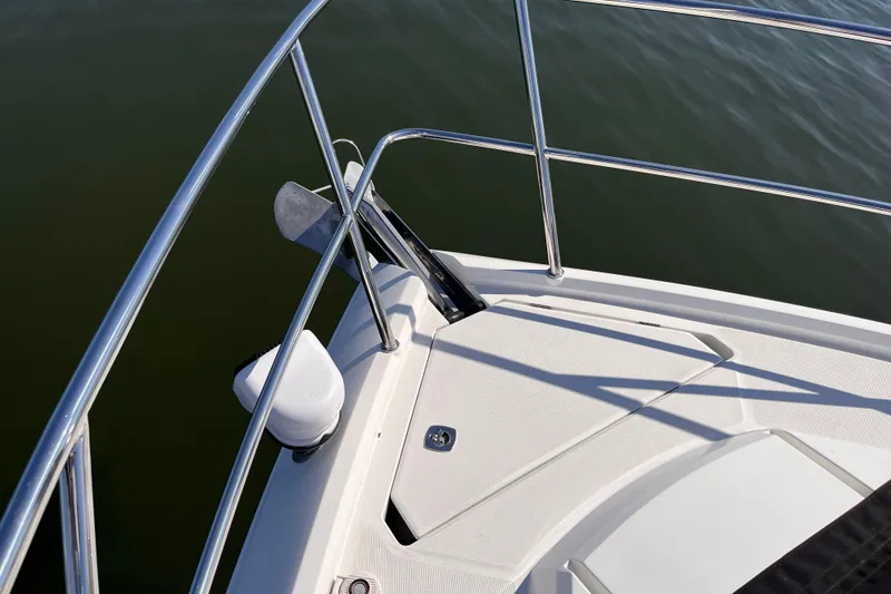 Slide: The Image of Bow of 2024 Galeon 425 HTS yacht with stainless steel railings and anchor. - 32