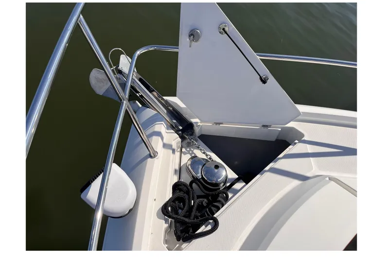 Slide: The Image of Bow anchor compartment of 2024 Galeon 425 HTS yacht with stainless steel fittings. - 33