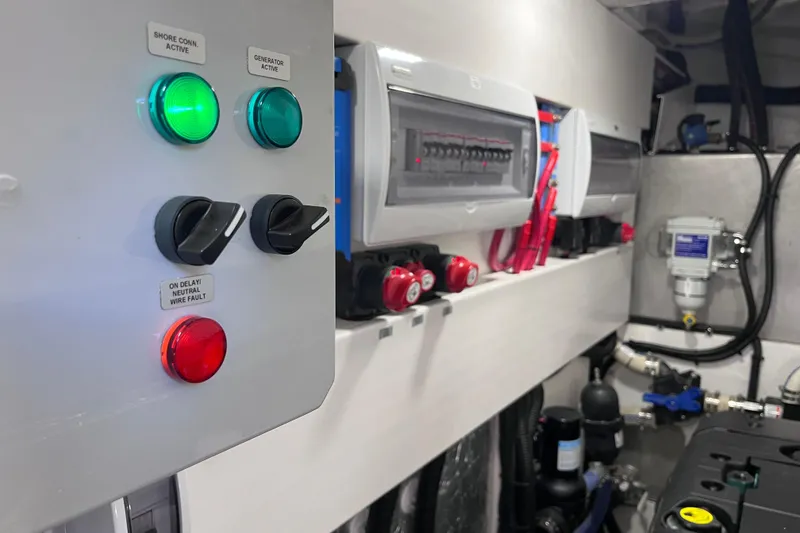 Slide: The Image of Electrical control panel inside 2024 Galeon 425 HTS yacht, featuring switches and indicators. - 35