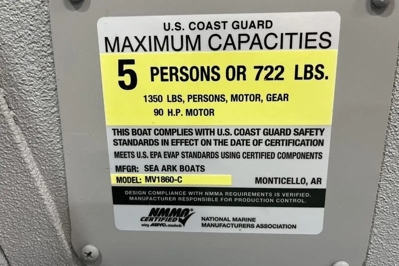 Slide: The Image of SeaArk 1860 MVJT 2025 boat capacity label, U.S. Coast Guard certified, 5 persons or 722 lbs. - 16