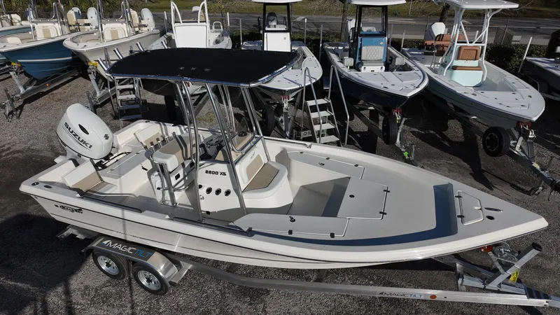 Slide: The Image of 2025 Bulls Bay 2200XS boat on trailer, displayed among other boats. - 4