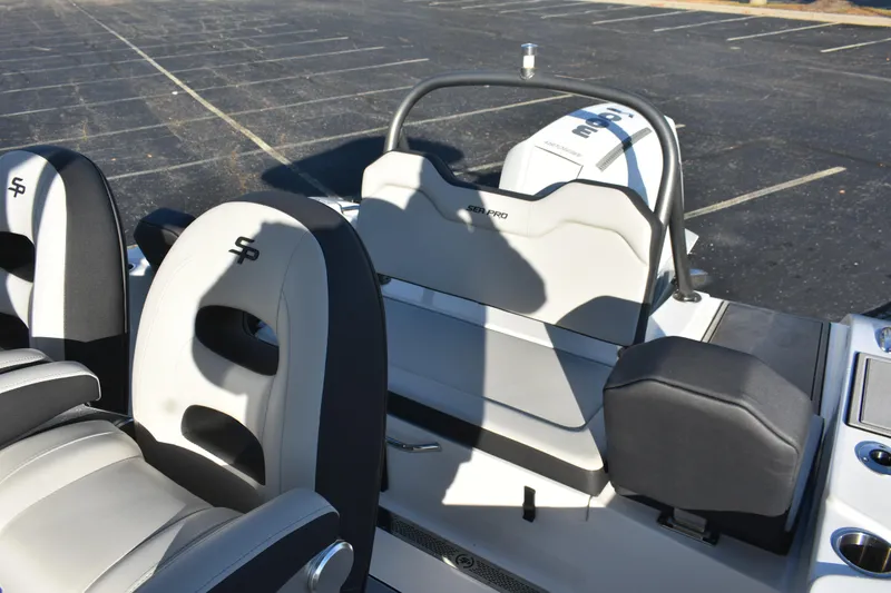 Slide: The Image of 2025 Sea Pro 245FLX Sandbar boat interior with stylish seating and modern design. - 6