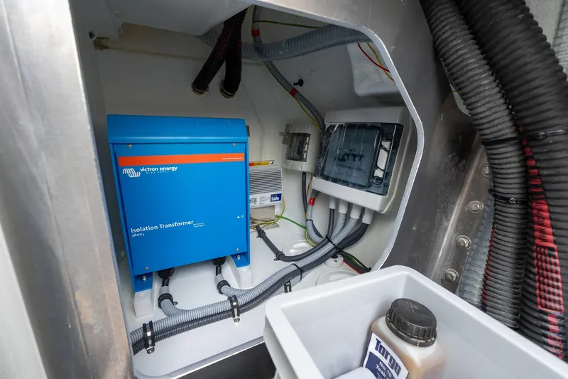 Slide: The Image of Electrical system inside a 2026 Targa 27.2 boat, featuring Victron Energy isolation transformer. - 87