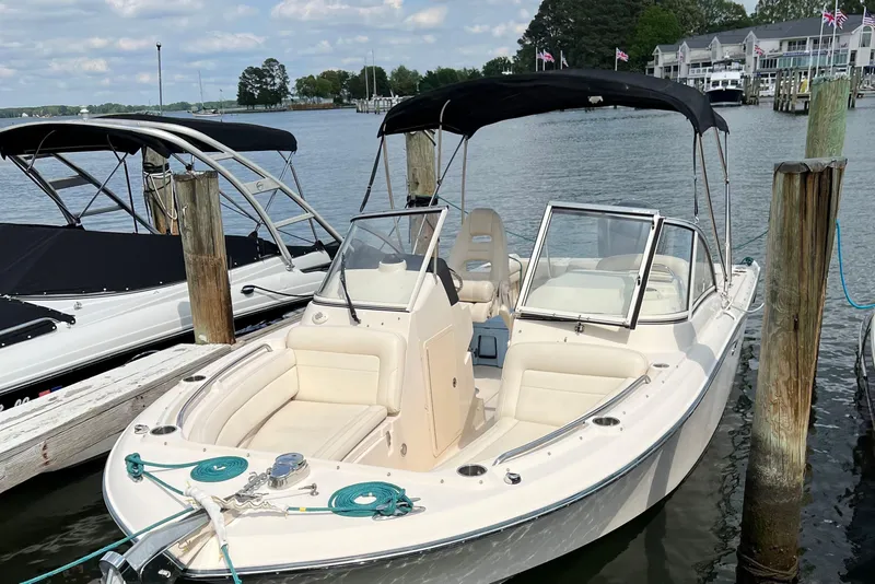 The Image of 2019 Grady-White Freedom 235 boat docked at a marina with calm waters. - 0
