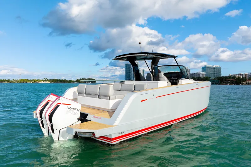 Slide: The Image of 2021 Pardo Yachts 38 on water, featuring sleek design and powerful engines. - 15