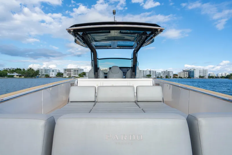 Slide: The Image of 2021 Pardo Yachts 38 on water, showcasing sleek design and luxury seating. - 33