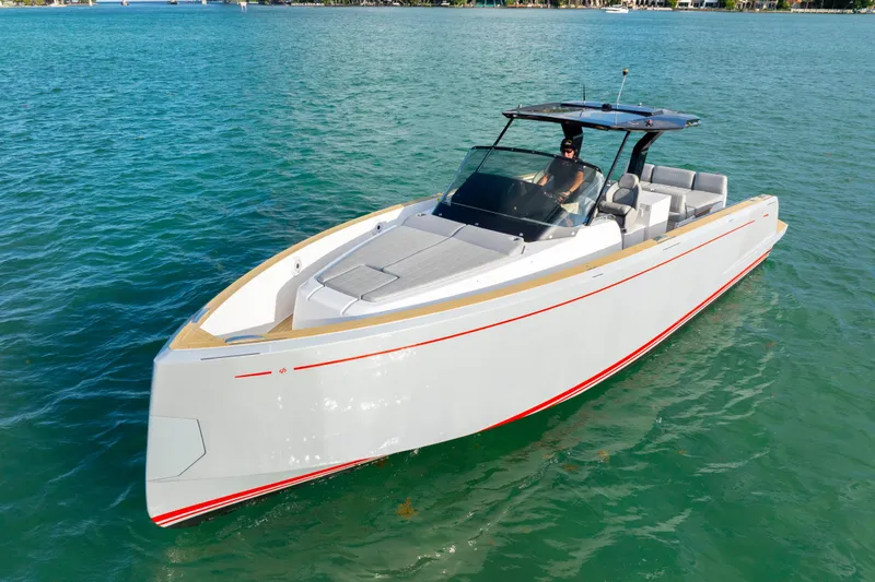 Slide: The Image of 2021 Pardo Yachts 38 cruising on clear blue water, showcasing sleek design and luxury. - 4