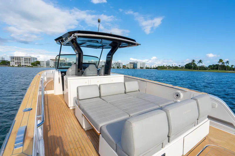 Slide: The Image of 2021 Pardo Yachts 38 on water, featuring spacious deck and modern design. - 41