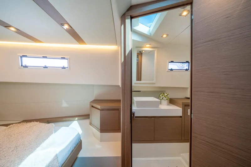 Slide: The Image of Luxurious interior of 2021 Pardo Yachts 38, featuring modern bedroom and bathroom design. - 51