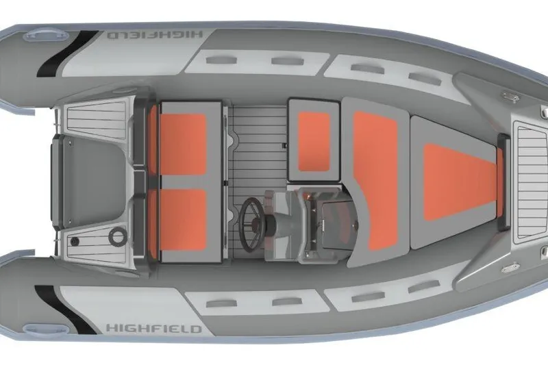 Slide: The Image of Top view of 2026 Highfield Sport 360 boat with beige seating and black hull. - 2