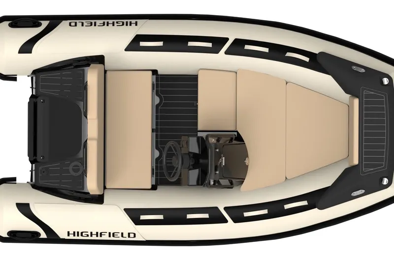 Slide: The Image of Top view of 2026 Highfield Sport 360 boat with beige seating and black accents. - 5