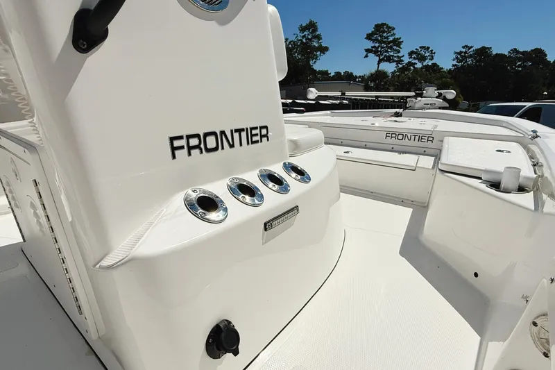 Slide: The Image of 2023 Frontier 2104 boat hull on trailer, close-up view. - 17