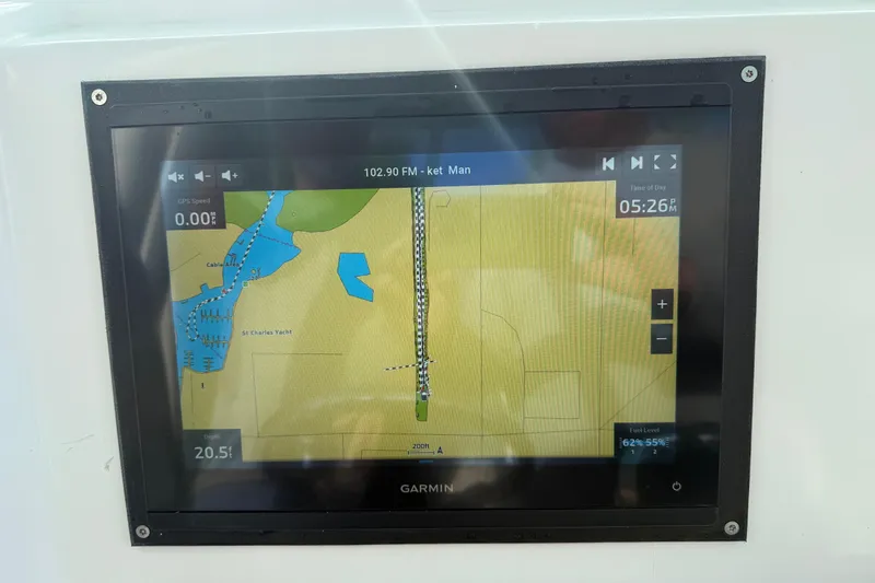 Slide: The Image of Garmin navigation display on 2019 Twin Vee 26 Center Console boat, showing map and data. - 16
