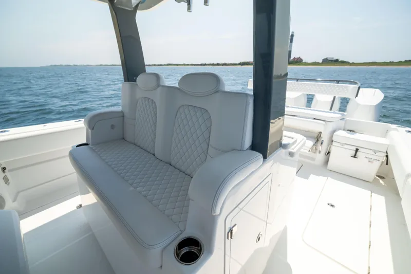 Slide: The Image of Luxurious seating on the 2026 HCB 42 Lujo boat, with ocean view. - 15