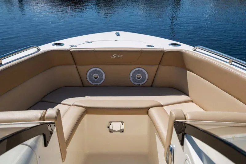 Slide: The Image of Manufacturer Provided Image: 2023 Scout 215 Dorado boat with tan seating and speakers on the bow. - 3
