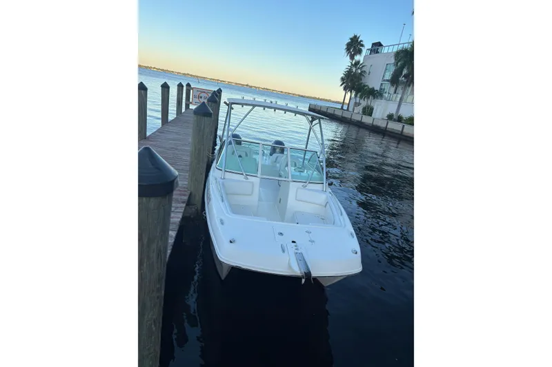 Slide: The Image of 2016 Carolina Cat 230 DC boat docked by waterfront with palm trees. - 2