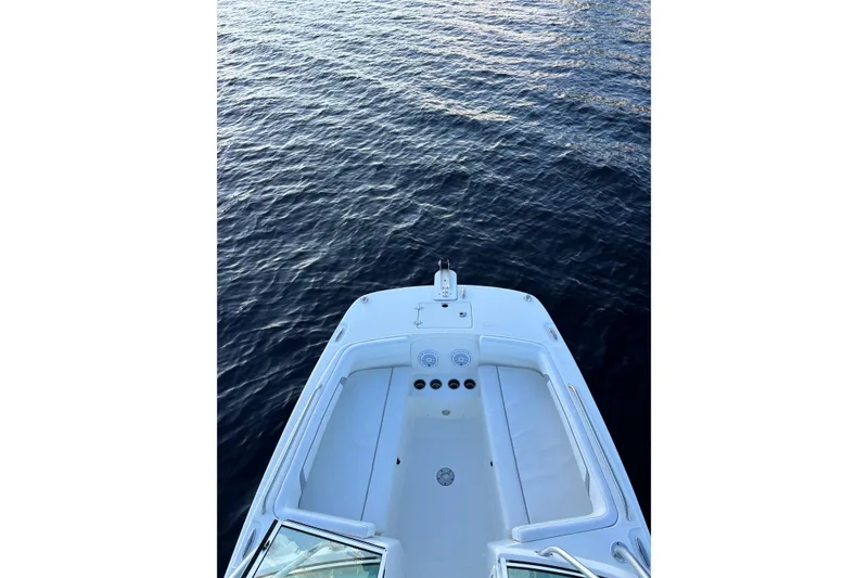 Slide: The Image of 2016 Carolina Cat 230 DC boat on calm water, top view. - 3