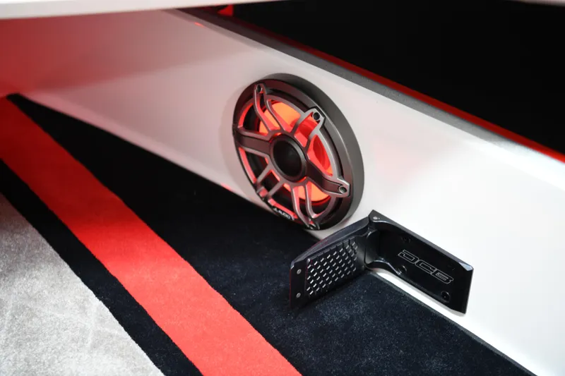 Slide: The Image of 2025 Daves Custom Boats M42R interior with illuminated speaker and custom footrest. - 22
