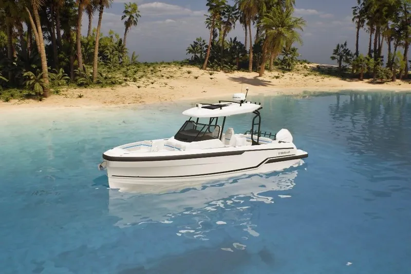 Slide: The Image of 2026 Wellcraft 28 T-Top boat in tropical waters near a sandy beach with palm trees. - 0