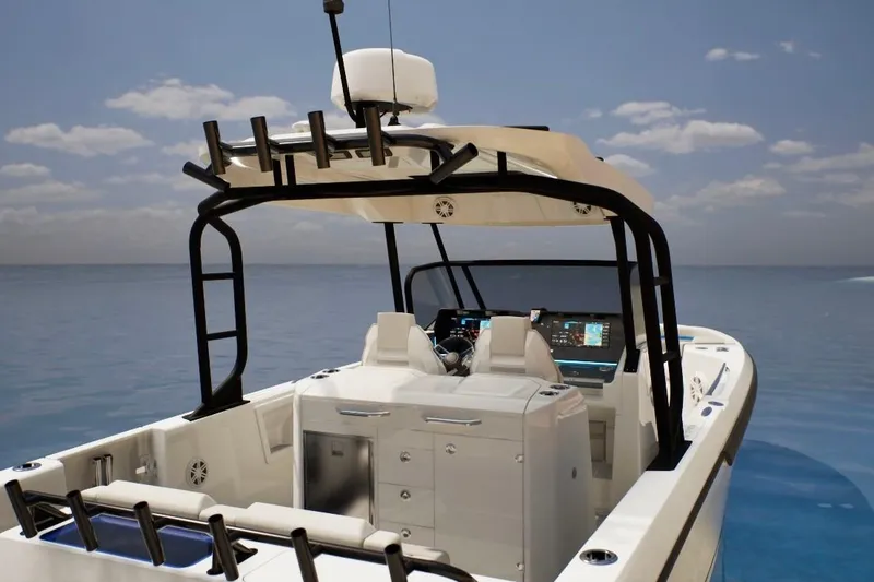 Slide: The Image of 2026 Wellcraft 28 T-Top boat with modern dashboard, sleek design, and ocean backdrop. - 6