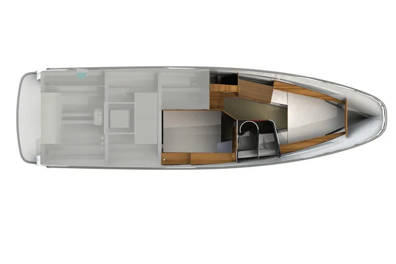 Slide: The Image of Top view of 2025 Nimbus T11 boat interior layout, showcasing modern design and spacious cabins. - 2