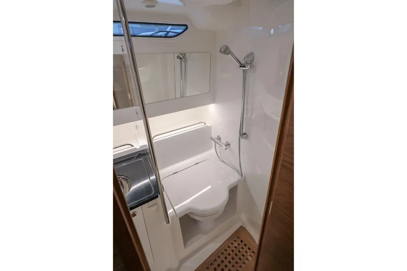 Slide: The Image of Modern bathroom interior in 2025 Nimbus T11 boat, featuring shower and sink. - 54